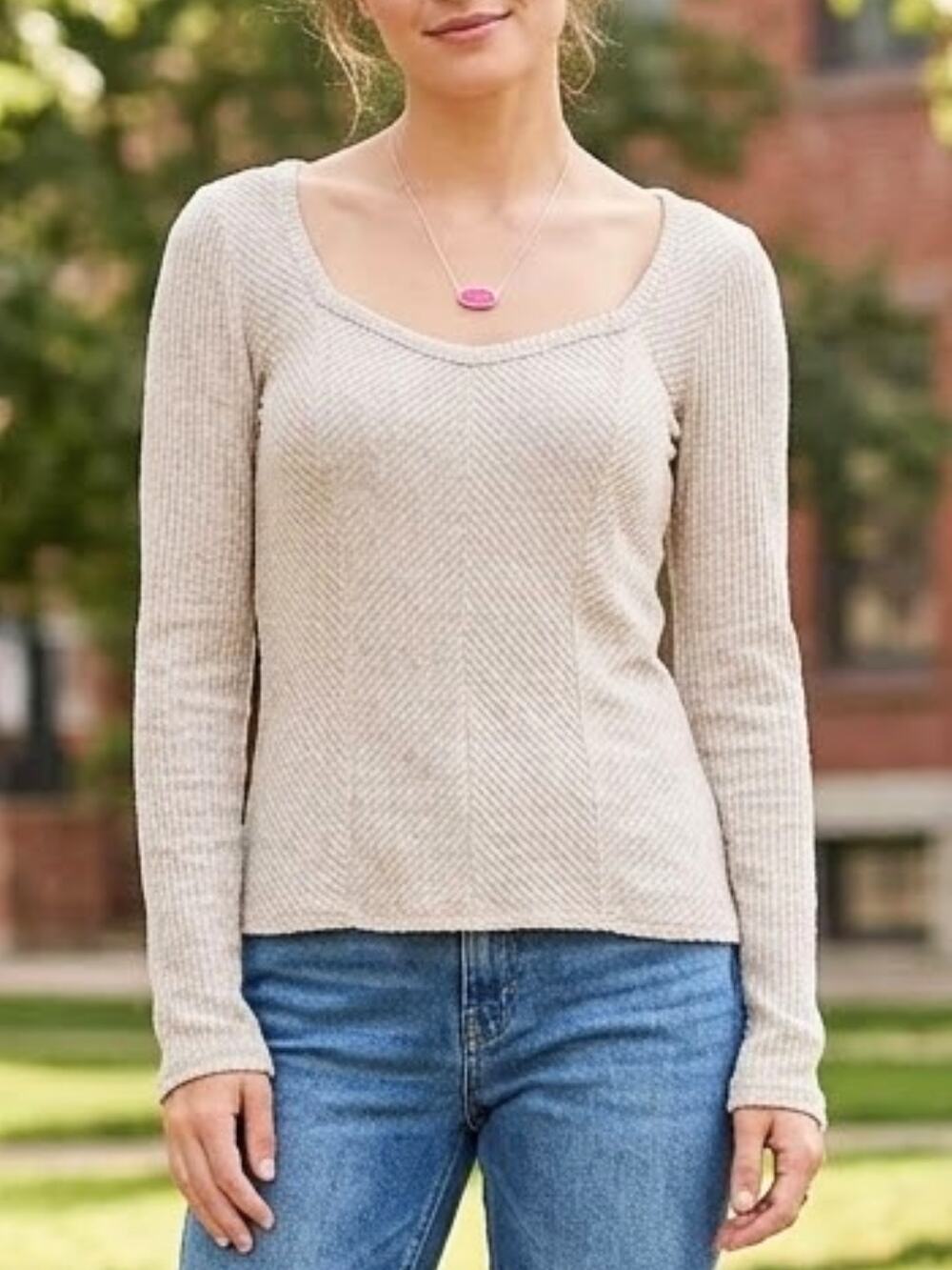 Oak & Trellis S Oatmeal Square Neck Top – Trendy Layering Essential NWT